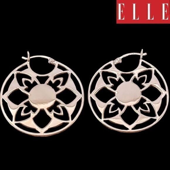 ELLE New Sterling Silver Decorative Openwork Hoop Earrings - Picture 1 of 7